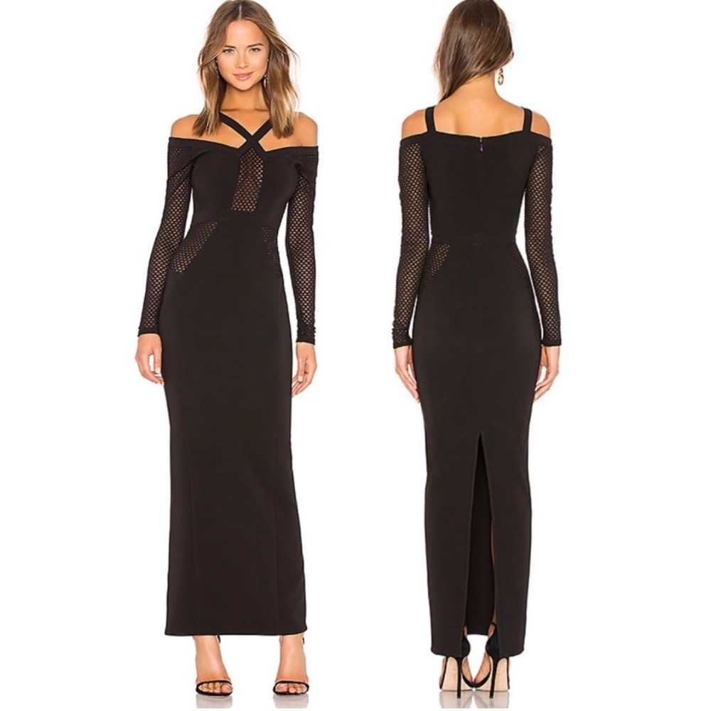 Michael Costello x Revolve Elisha Black Mesh Long‎ Sleeve Gown Dress Size XS